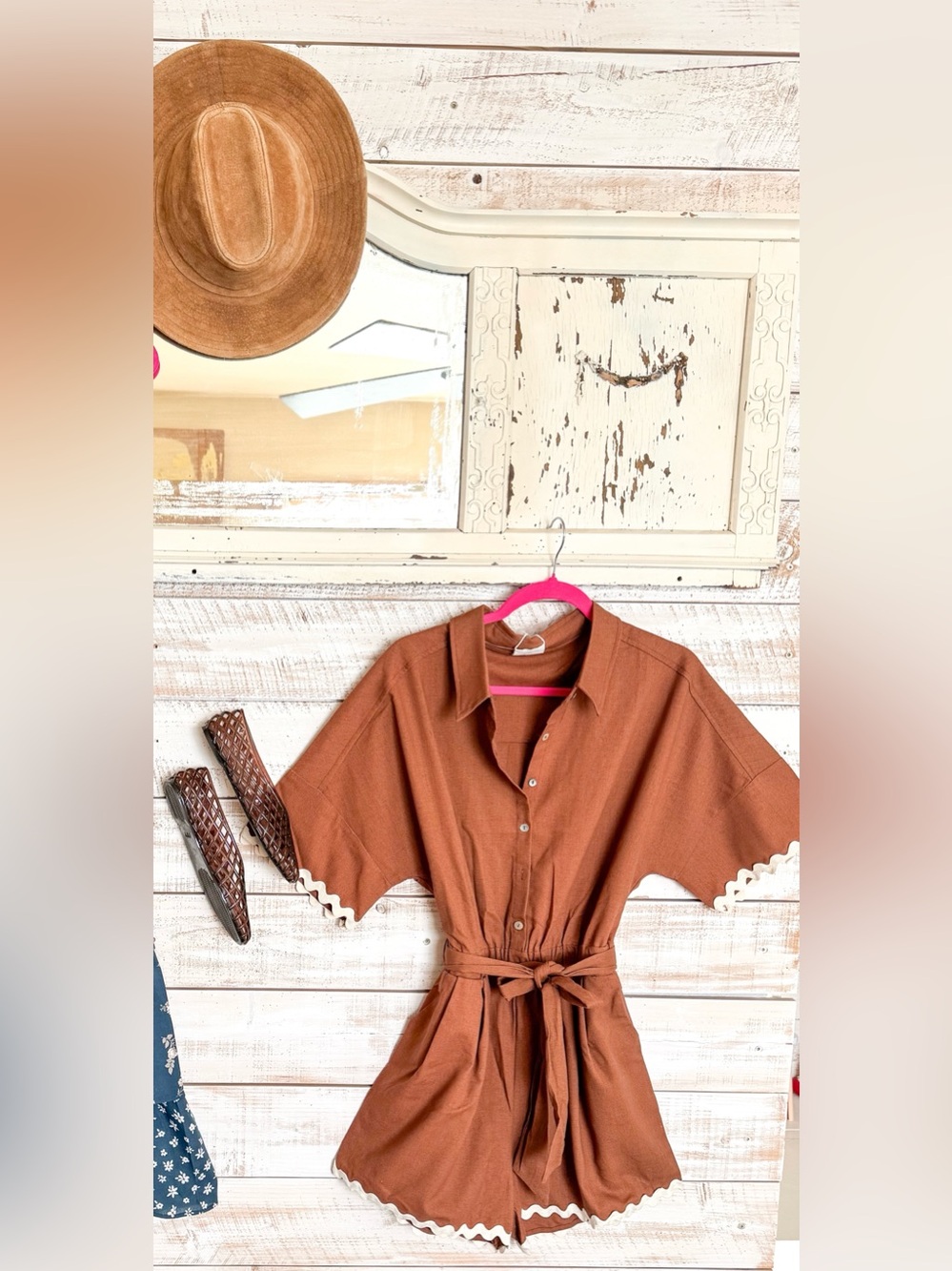 Rust Brown Button-Front Shorts jumper Tie Waist